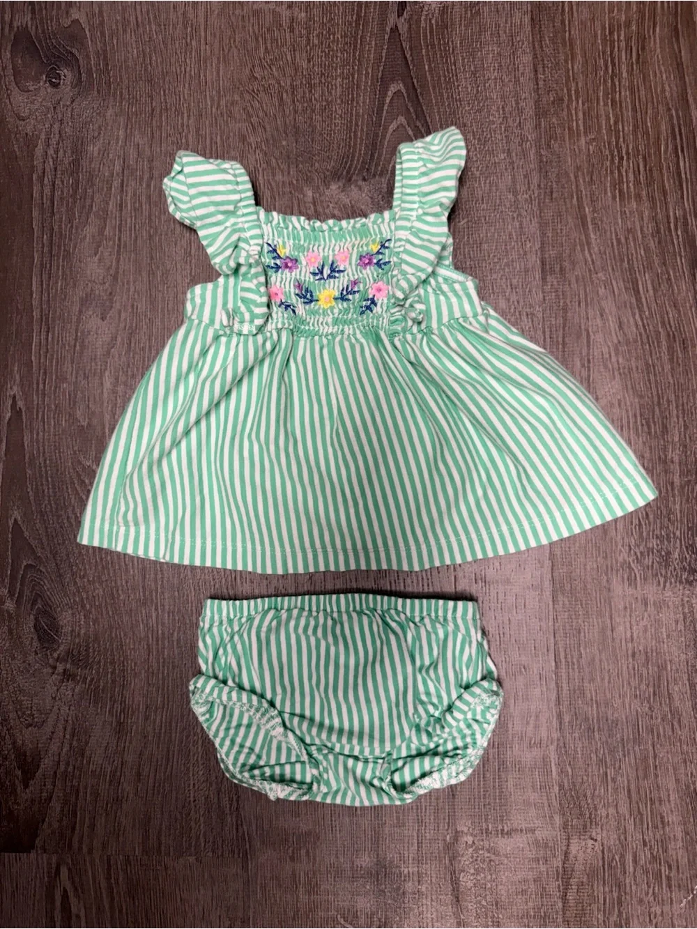 Carter's Mint Green Striped Dress with Floral Smocking & Matching Bloomers